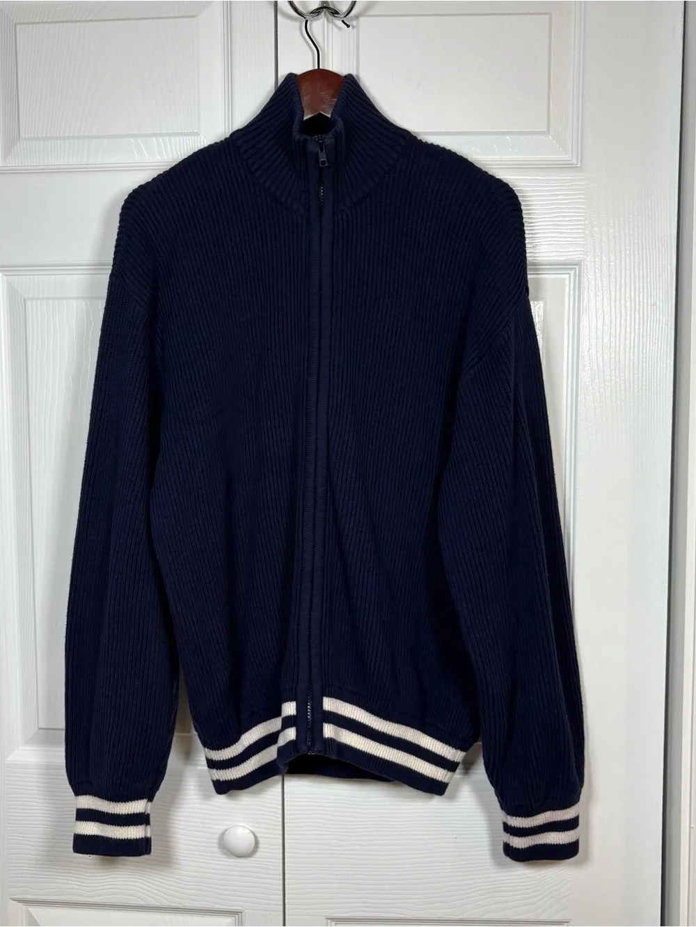 Vintage 90s J.Crew Full Zip Sweater L Made in Italy Cotton Preppy Navy